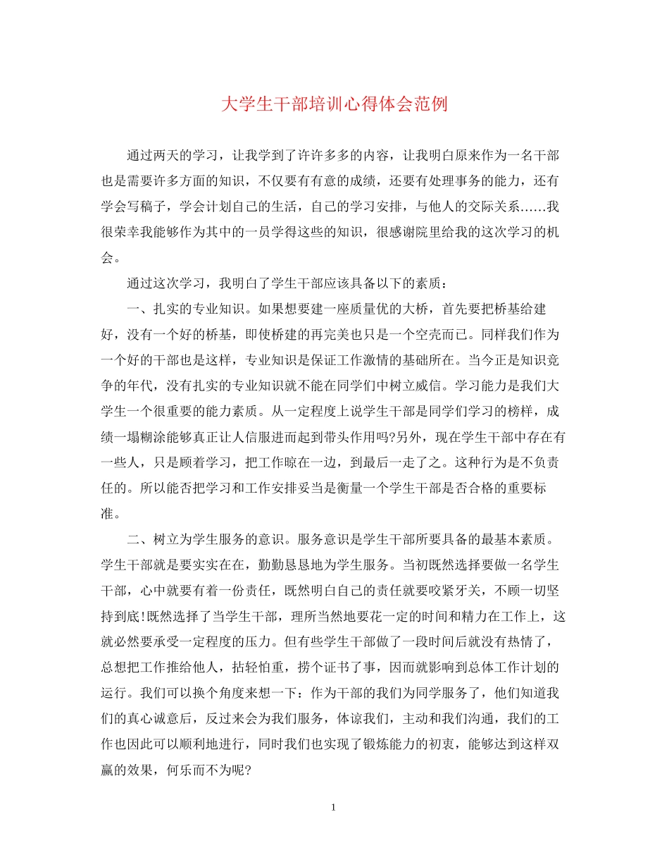 2023大学生干部培训心得体会范例.docx_第1页