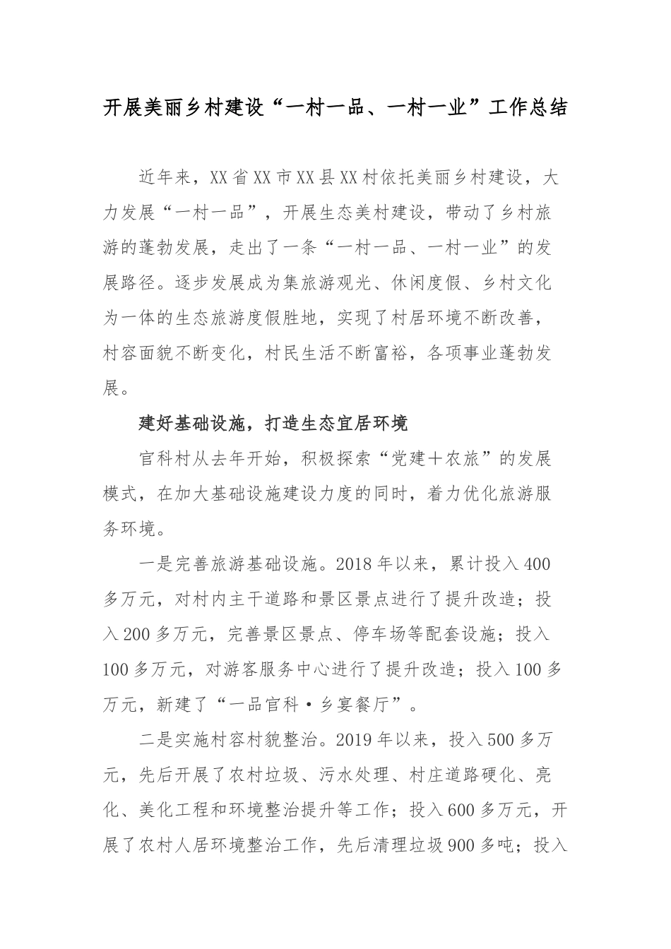 开展美丽乡村建设“一村一品、一村一业”工作总结.docx_第1页