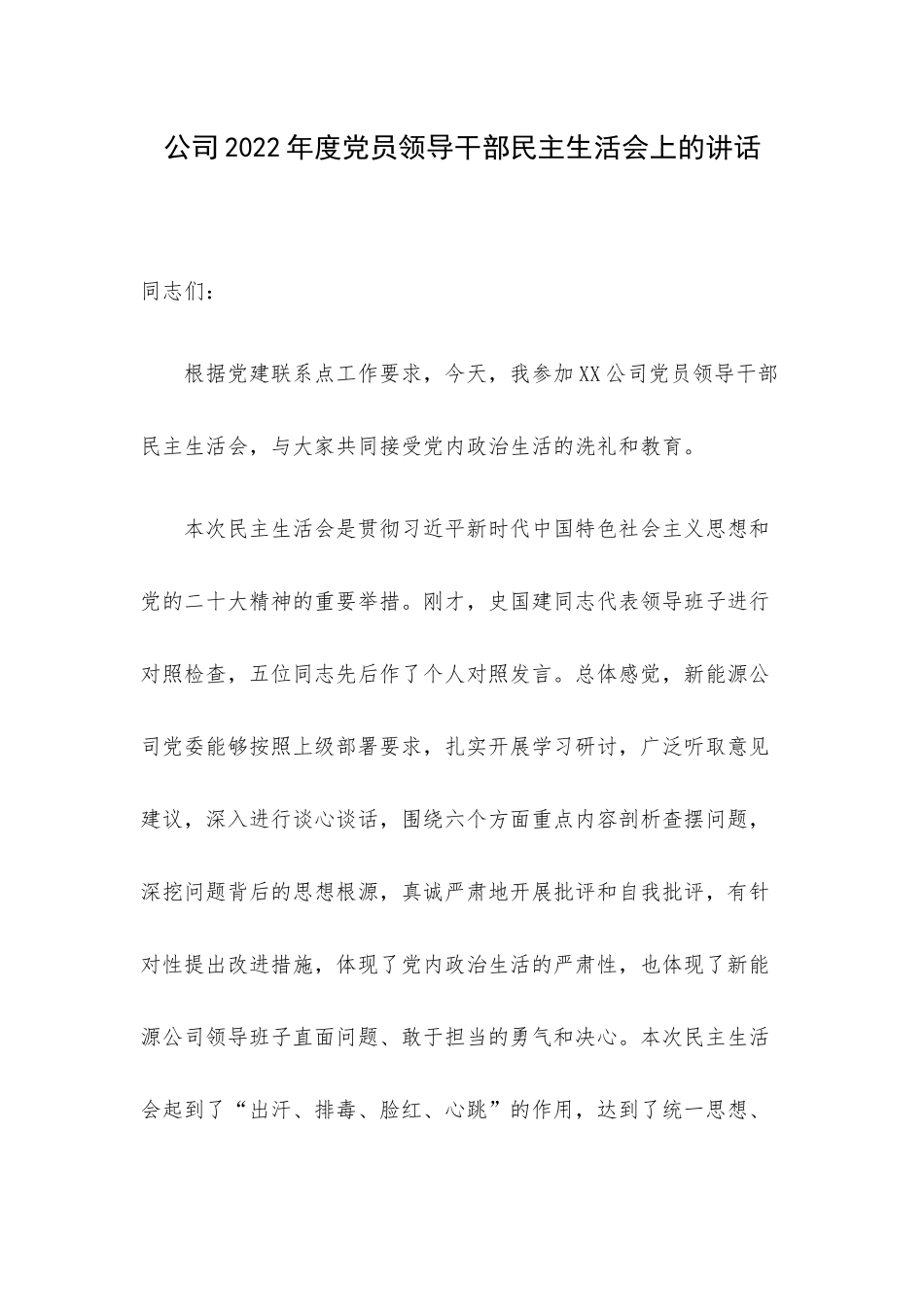 公司2022年度党员领导干部民主生活会上的讲话.docx_第1页
