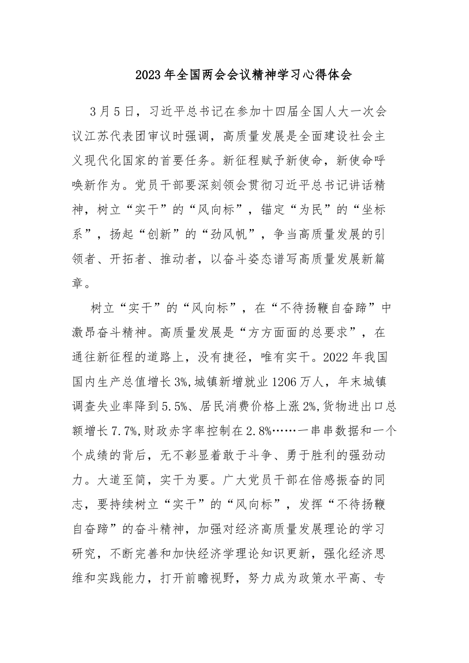 2023年全国两会会议精神学习心得体会.docx_第1页