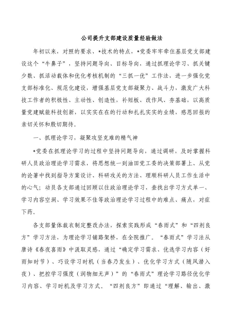 公司提升支部建设质量经验做法.docx_第1页