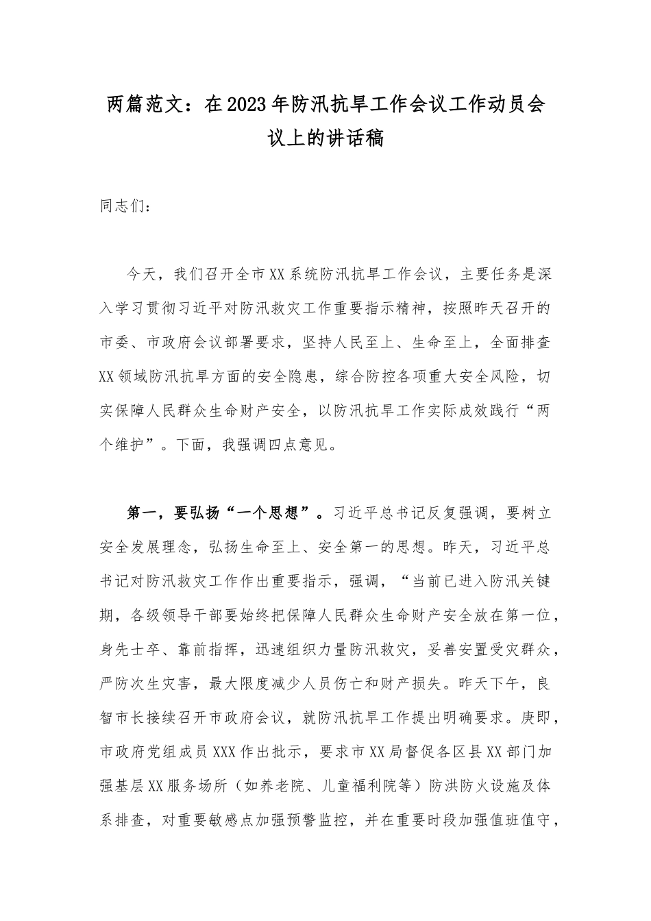 两篇范文：在2023年防汛抗旱工作会议工作动员会议上的讲话稿.docx_第1页