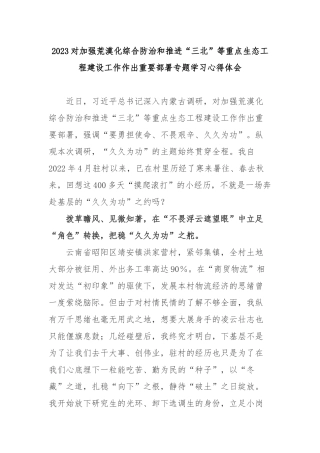 2023对加强荒漠化综合防治和推进“三北”等重点生态工程建设工作作出重要部署专题学习心得体会3篇.docx