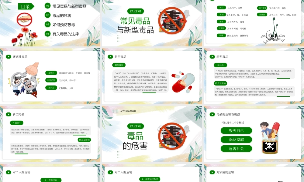 绿色卡通小学生禁毒主题班会坚决远离毒品拥有绿色人生PPT模板.pptx