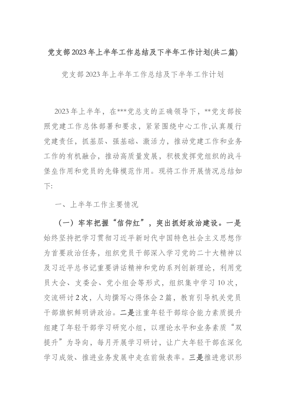 党支部2023年上半年工作总结及下半年工作计划(共二篇).docx_第1页