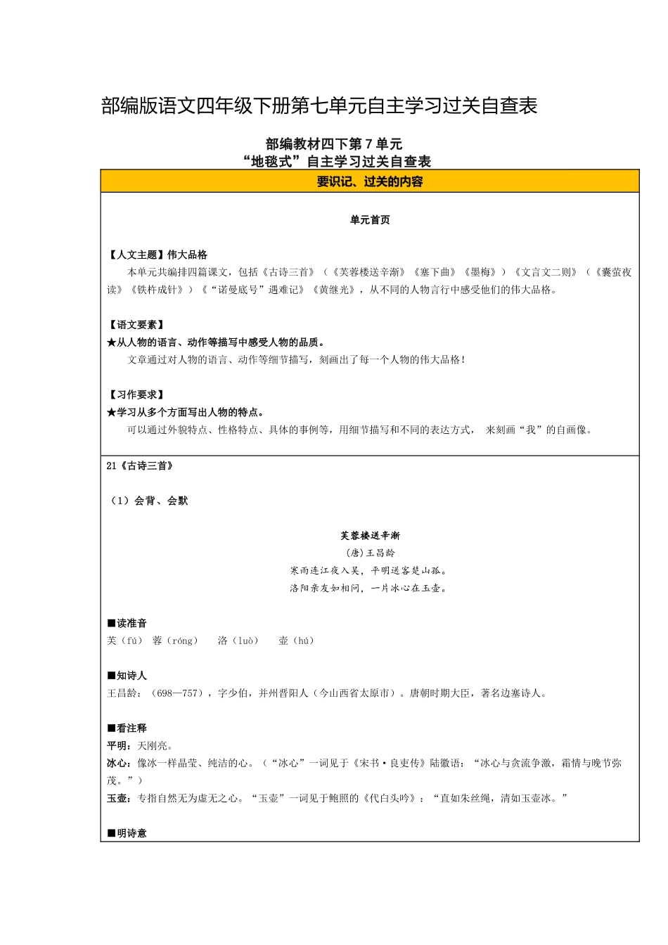 部编版语文四年级下册第七单元自主学习过关自查表.docx_第1页