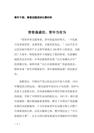 青年干部、青春话题演讲比赛材料《青春逢盛世青年当有为》.docx