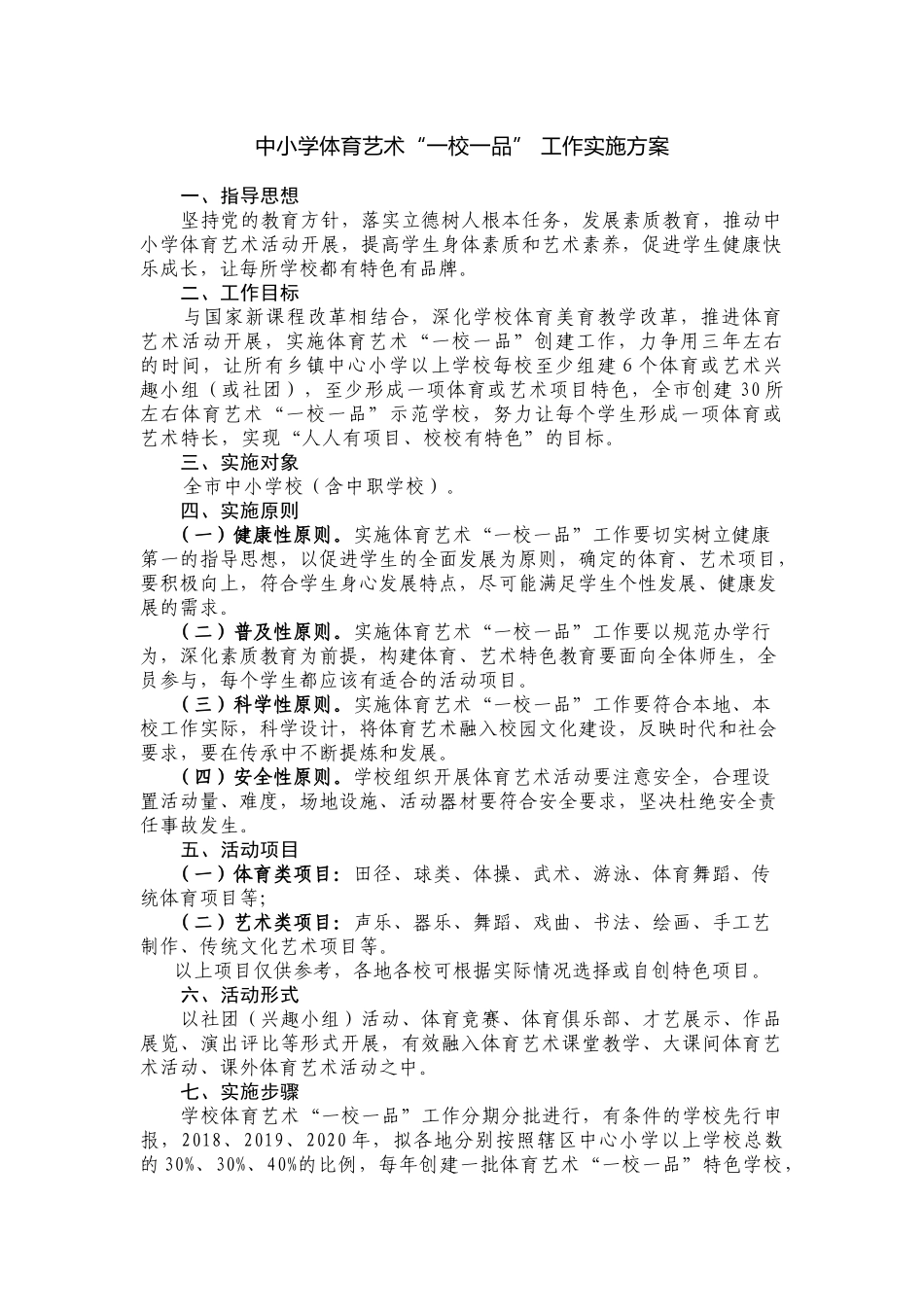 中小学体育艺术“一校一品” 工作实施方案.docx_第1页