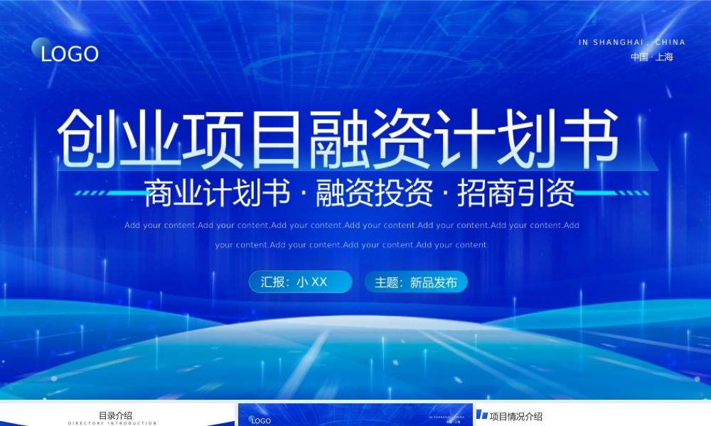 蓝色商务企业创业项目融资计划书.pptx