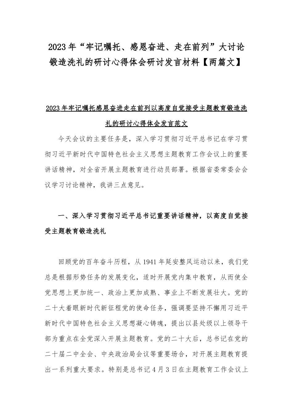 2023年“牢记嘱托、感恩奋进、走在前列”大讨论锻造洗礼的研讨心得体会研讨发言材料【两篇文】.docx_第1页