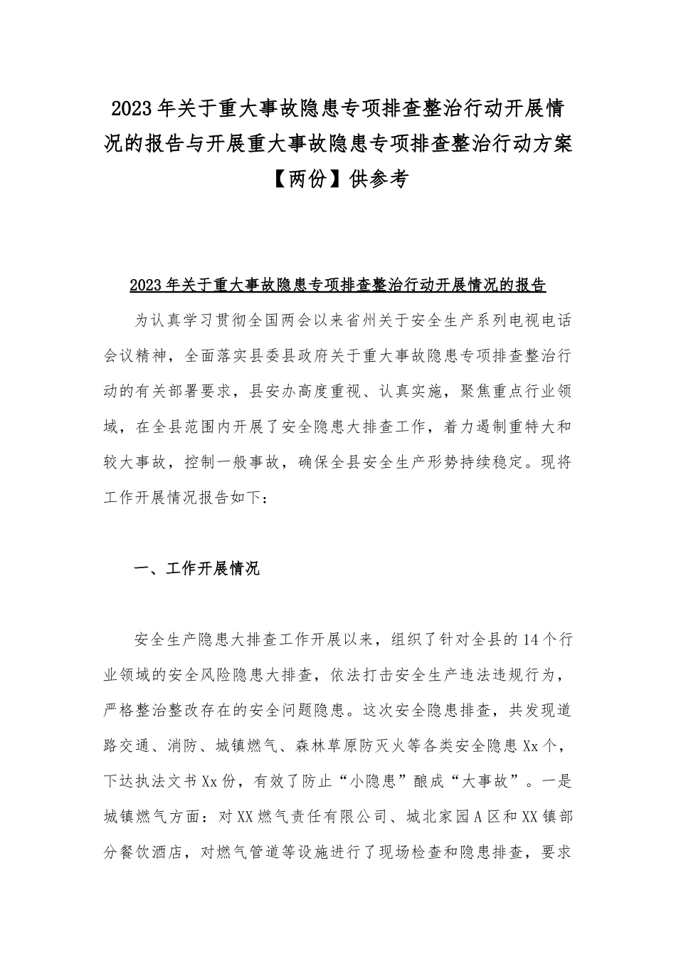 2023年关于重大事故隐患专项排查整治行动开展情况的报告与开展重大事故隐患专项排查整治行动方案【两份】供参考.docx_第1页