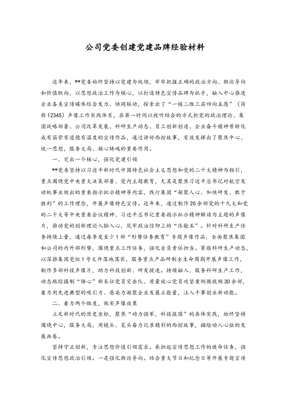 2023年公司党委创建党建品牌经验材料.docx_第1页