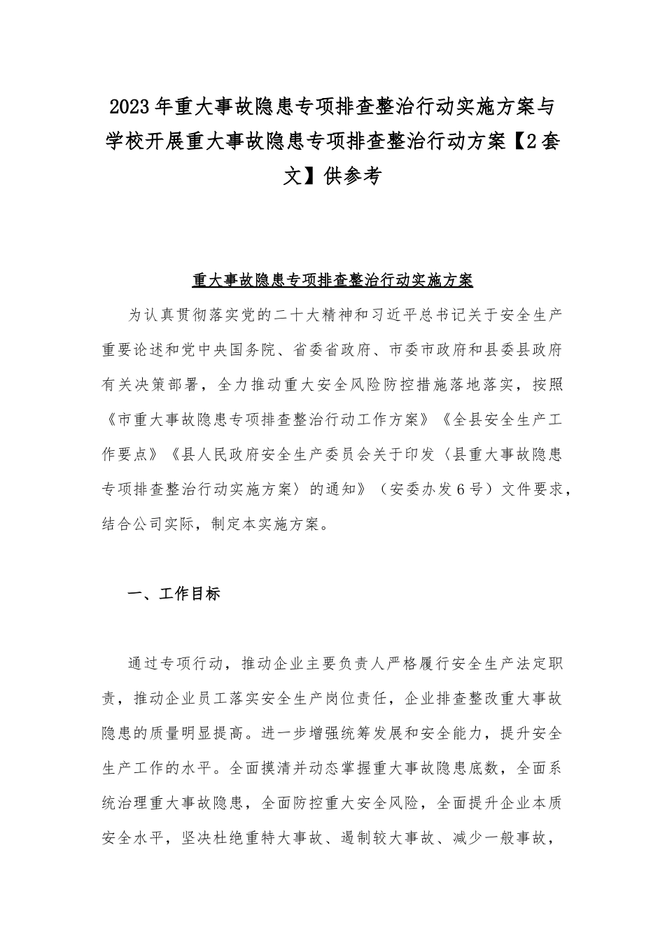2023年重大事故隐患专项排查整治行动实施方案与学校开展重大事故隐患专项排查整治行动方案【2套文】供参考.docx_第1页