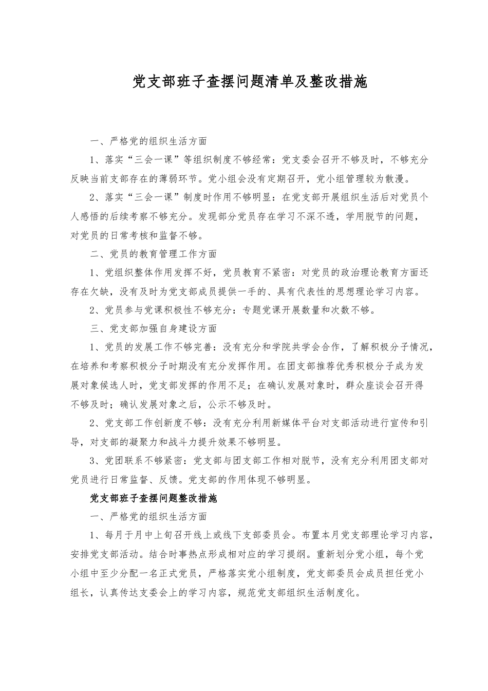 2023年党支部班子查摆问题清单及整改措施.docx_第1页