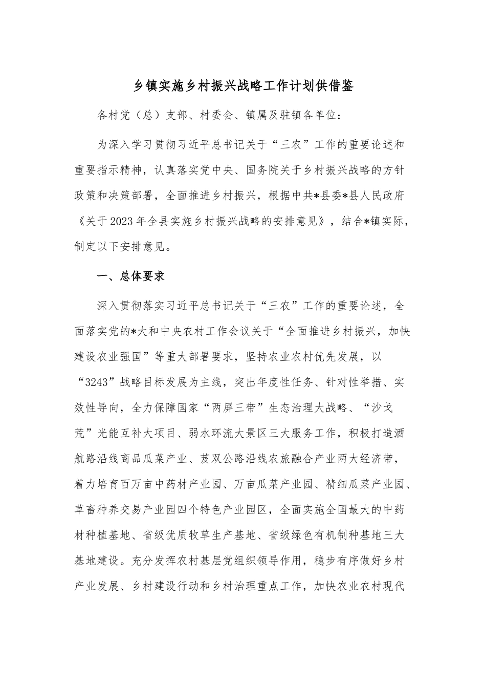 乡镇实施乡村振兴战略工作计划供借鉴.docx_第1页