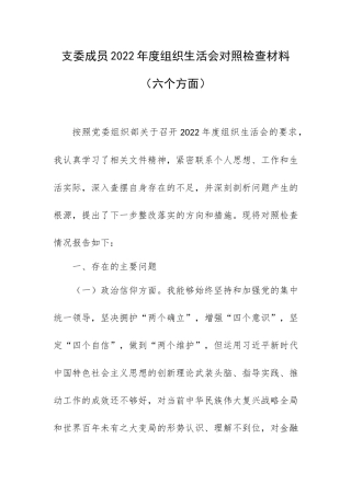 支委成员2022年度组织生活会对照检查材料（六个方面）.docx
