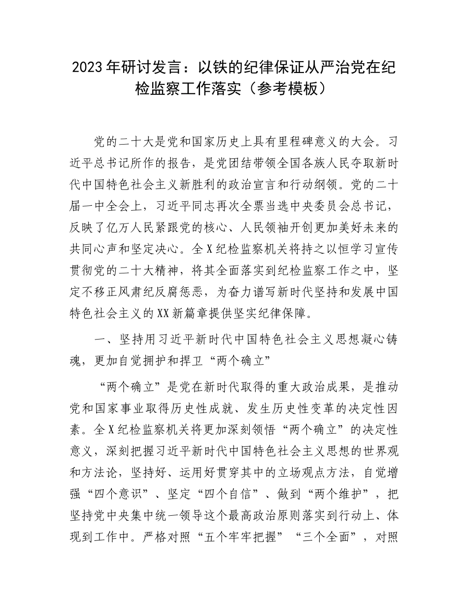 2023年研讨发言：以铁的纪律保证从严治党在纪检监察工作落实（参考模板）.docx_第1页