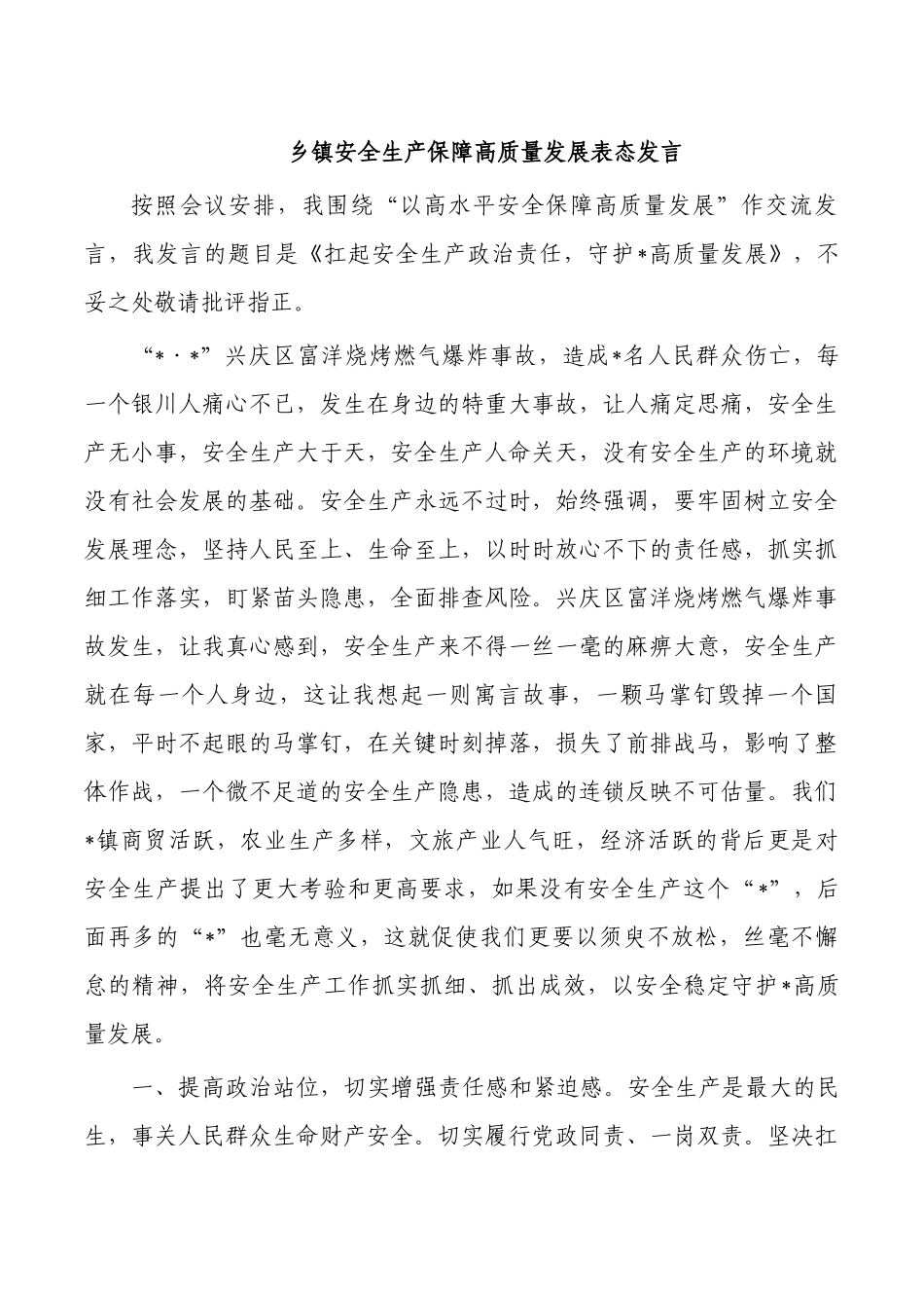 乡镇安全生产保障高质量发展表态发言.docx_第1页