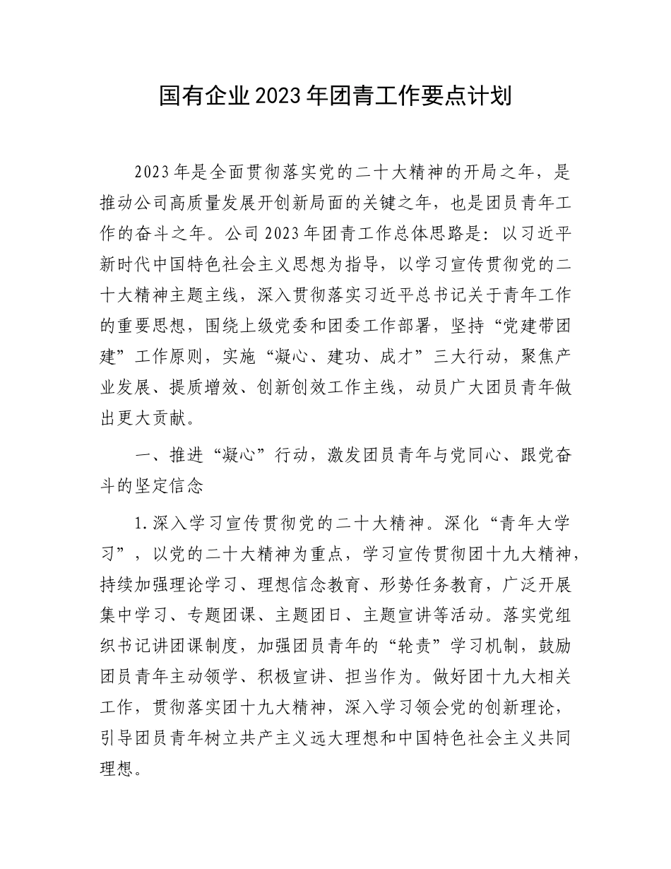 国有企业2023年团青工作要点计划.docx_第1页