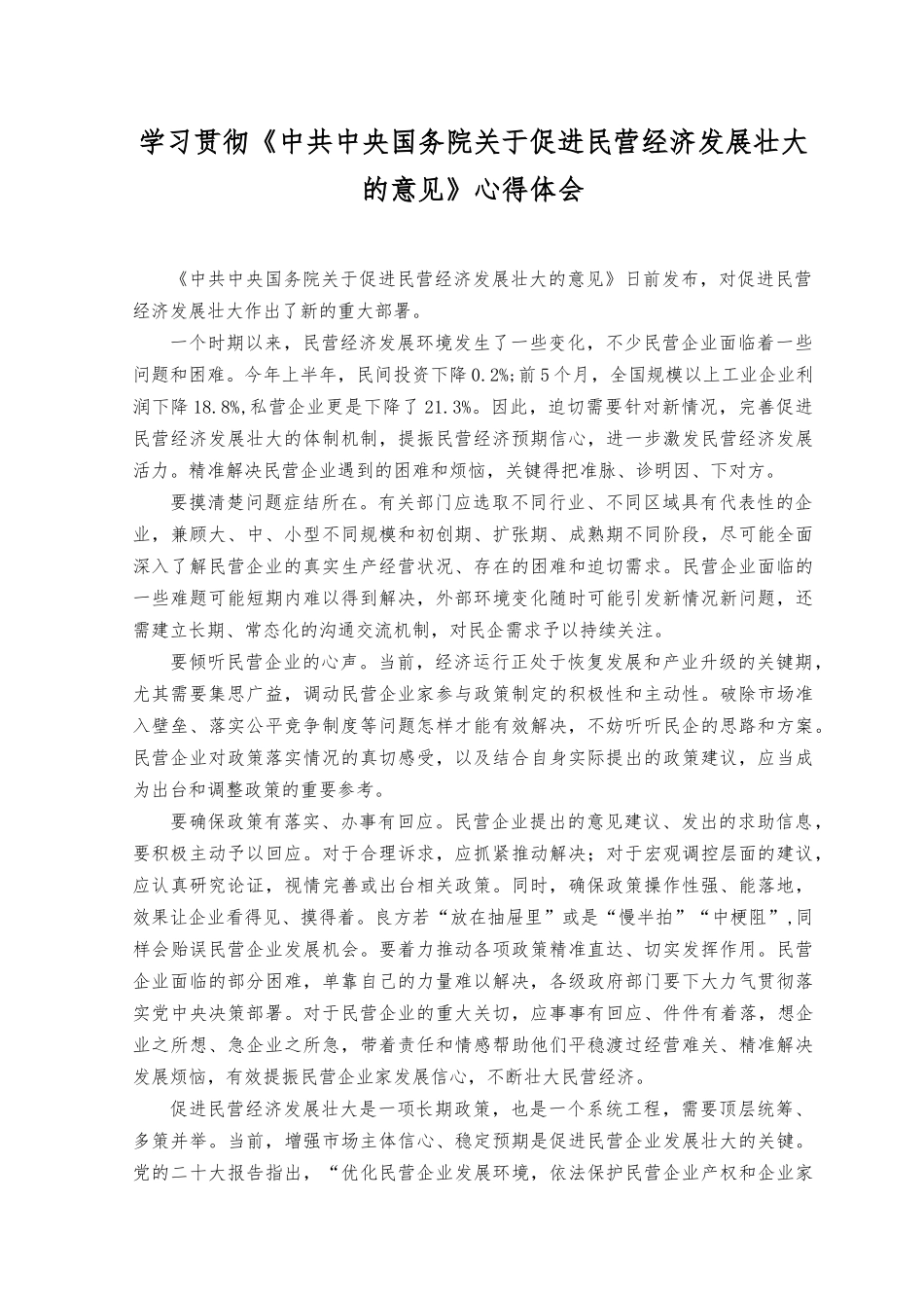 （7篇）2023年落实《关于促进民营经济发展壮大的意见》心得体会发言材料.docx_第3页