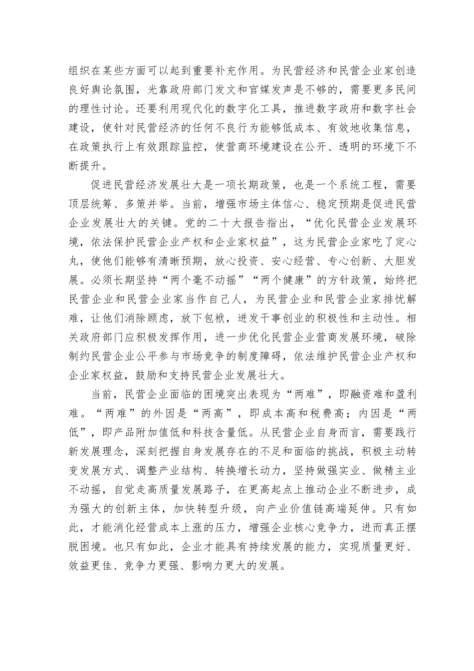(5篇）2023年贯彻落实《关于促进民营经济发展壮大的意见》心得体会发言稿.docx_第2页