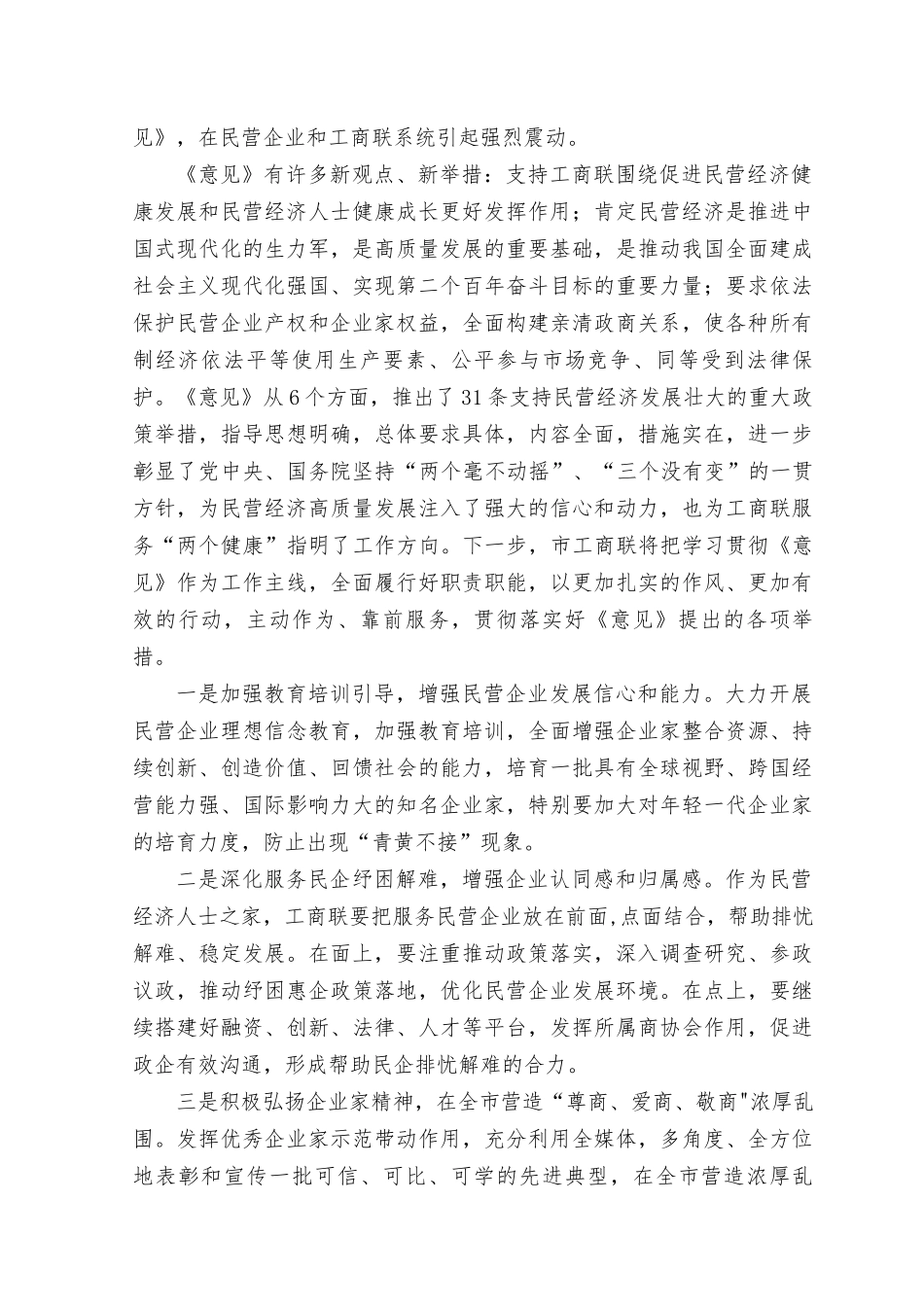 （5篇）2023年贯彻落实《关于实施促进民营经济发展近期若干举措》心得体会发言稿.docx_第3页