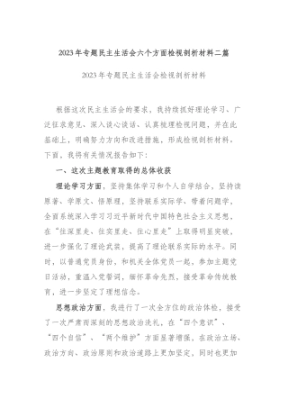 2023年专题民主生活会六个方面检视剖析材料二篇.docx