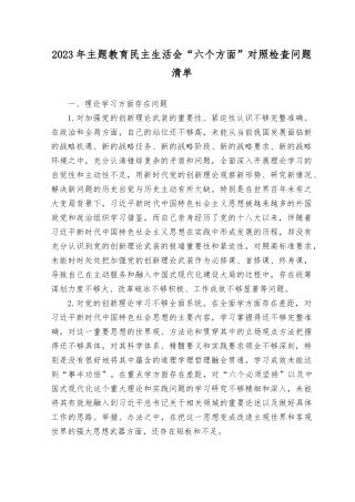 （4篇）2023年主题教育民主生活会“六个方面”对照检查问题清单（“理论学习、政治素质、能力本领、担当作为、工作作风、廉洁自律”方面个人查摆问题清单）.rtf