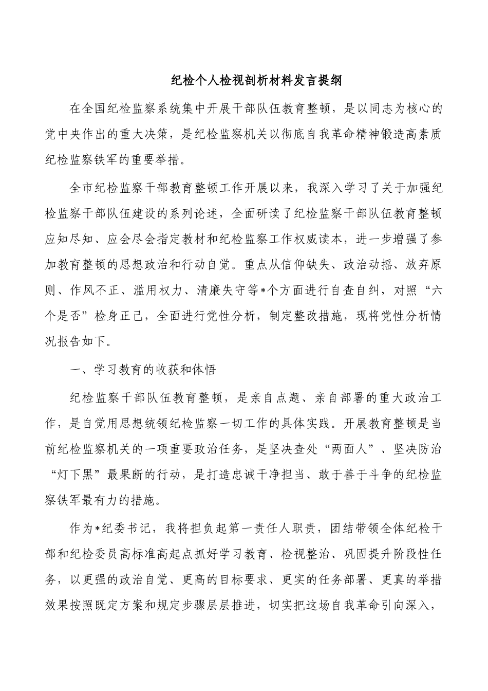 纪检个人检视剖析材料发言提纲.docx_第1页