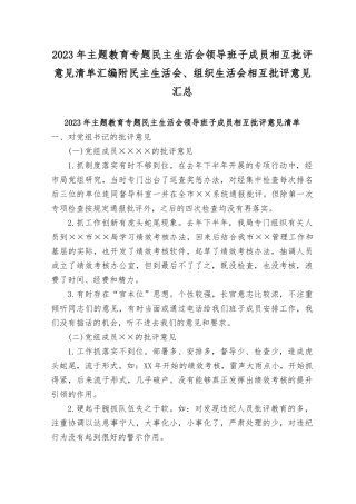 （5篇）2023年主题教育专题民主生活会领导班子成员相互批评意见清单（民主生活会、生活会相互批评意见汇总（150条））.rtf