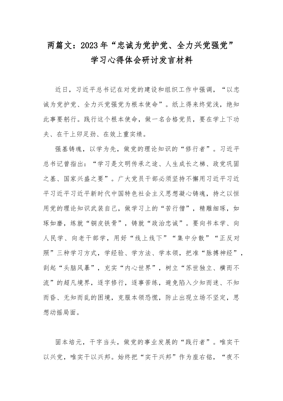 两篇文：2023年“忠诚为党护党、全力兴党强党”学习心得体会研讨发言材料.docx_第1页