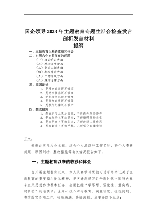 国企领导2023年主题教育专题生活会检查发言剖析发言材料.docx