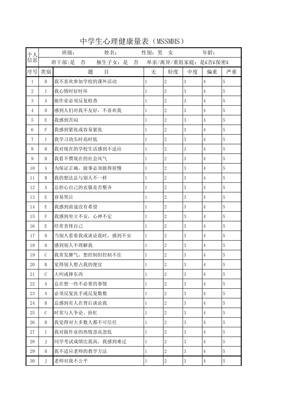 中学生心理健康量表(60题）.xls_第1页