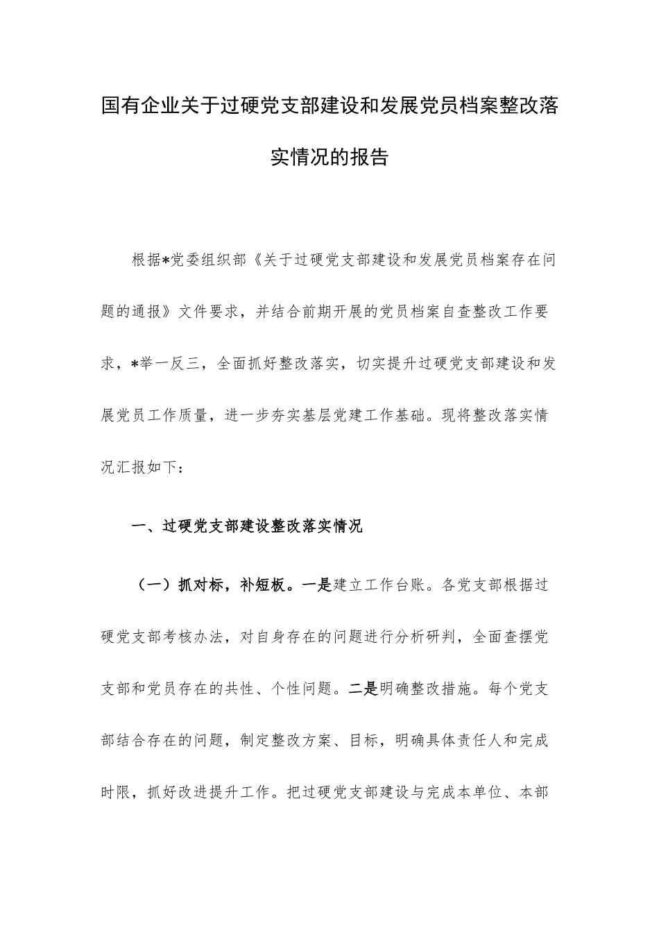 国有企业关于过硬党支部建设和发展党员档案整改落实情况的报告.docx_第1页