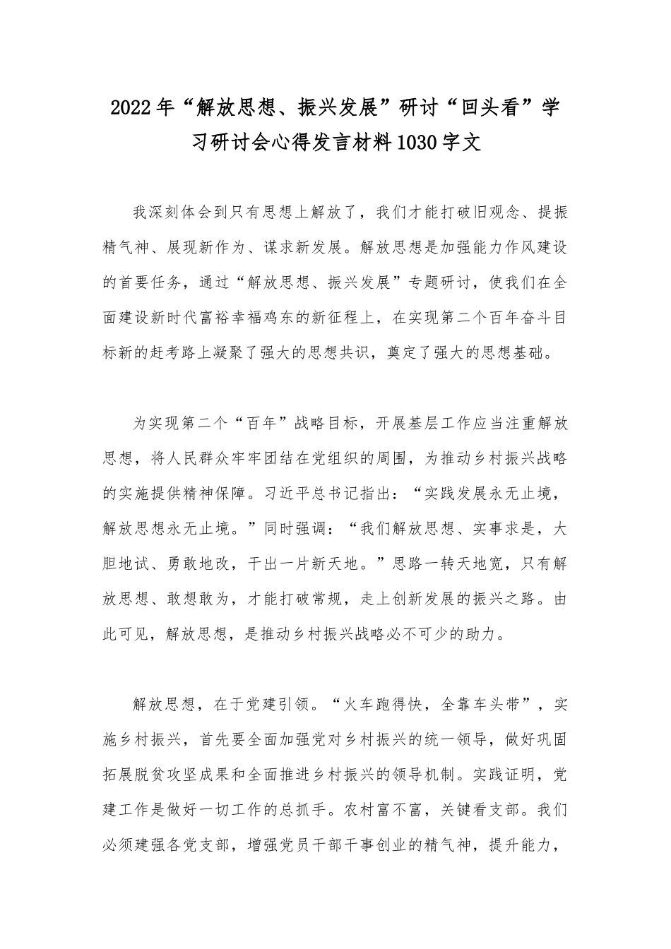 2022年“解放思想、振兴发展”研讨“回头看”学习研讨会心得发言材料1030字文.docx_第1页