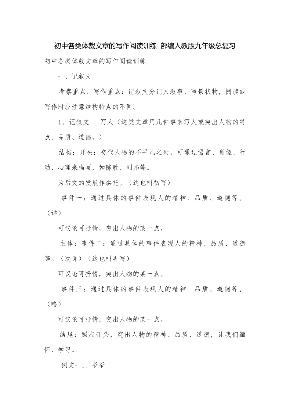 初中各类体裁文章的写作阅读训练部编人教版九年级总复习.docx_第1页