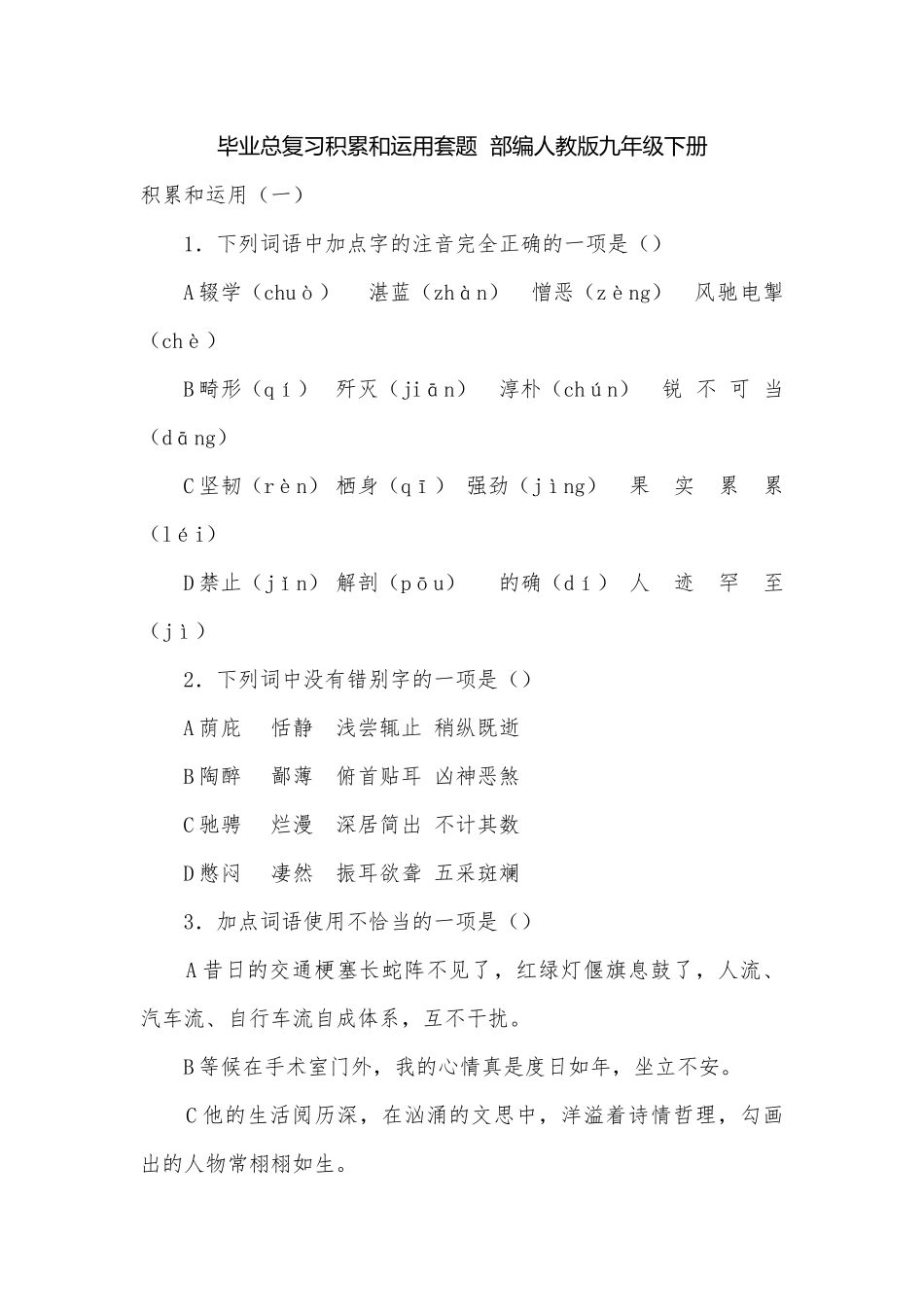 毕业总复习积累和运用套题部编人教版九年级下册.docx_第1页