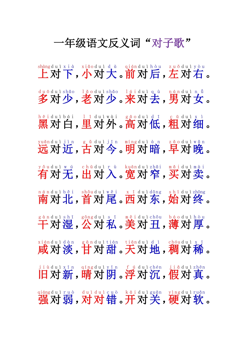 小学一年级语文反义词对子歌.pdf_第1页