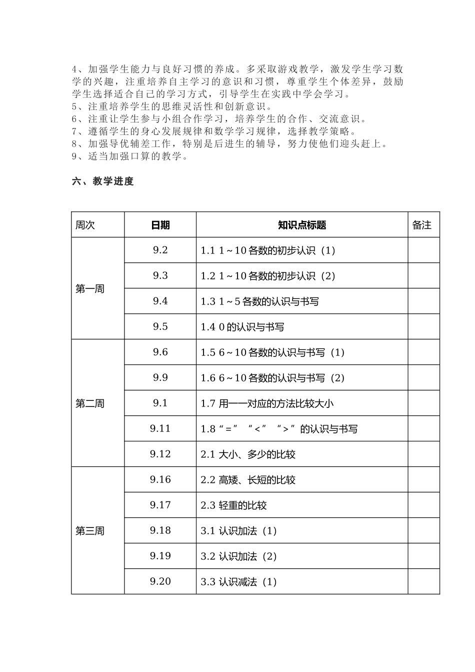 北师大版一年级数学上册教学计划及进度表.docx_第3页