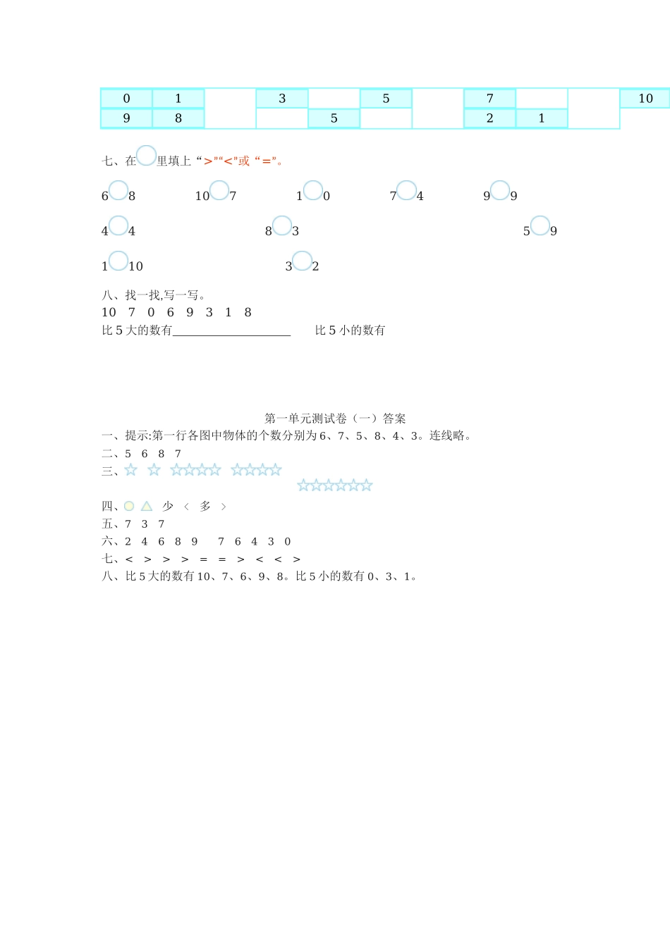 北师大版一年级数学上册第一、二单元测试卷.docx_第2页