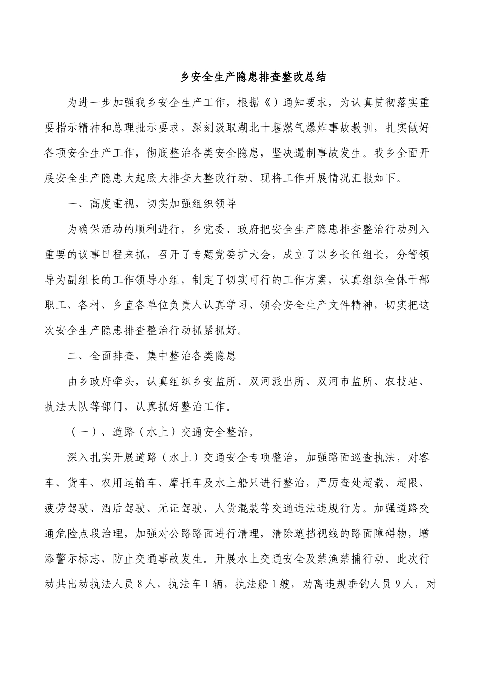 乡安全生产隐患排查整改总结.docx_第1页