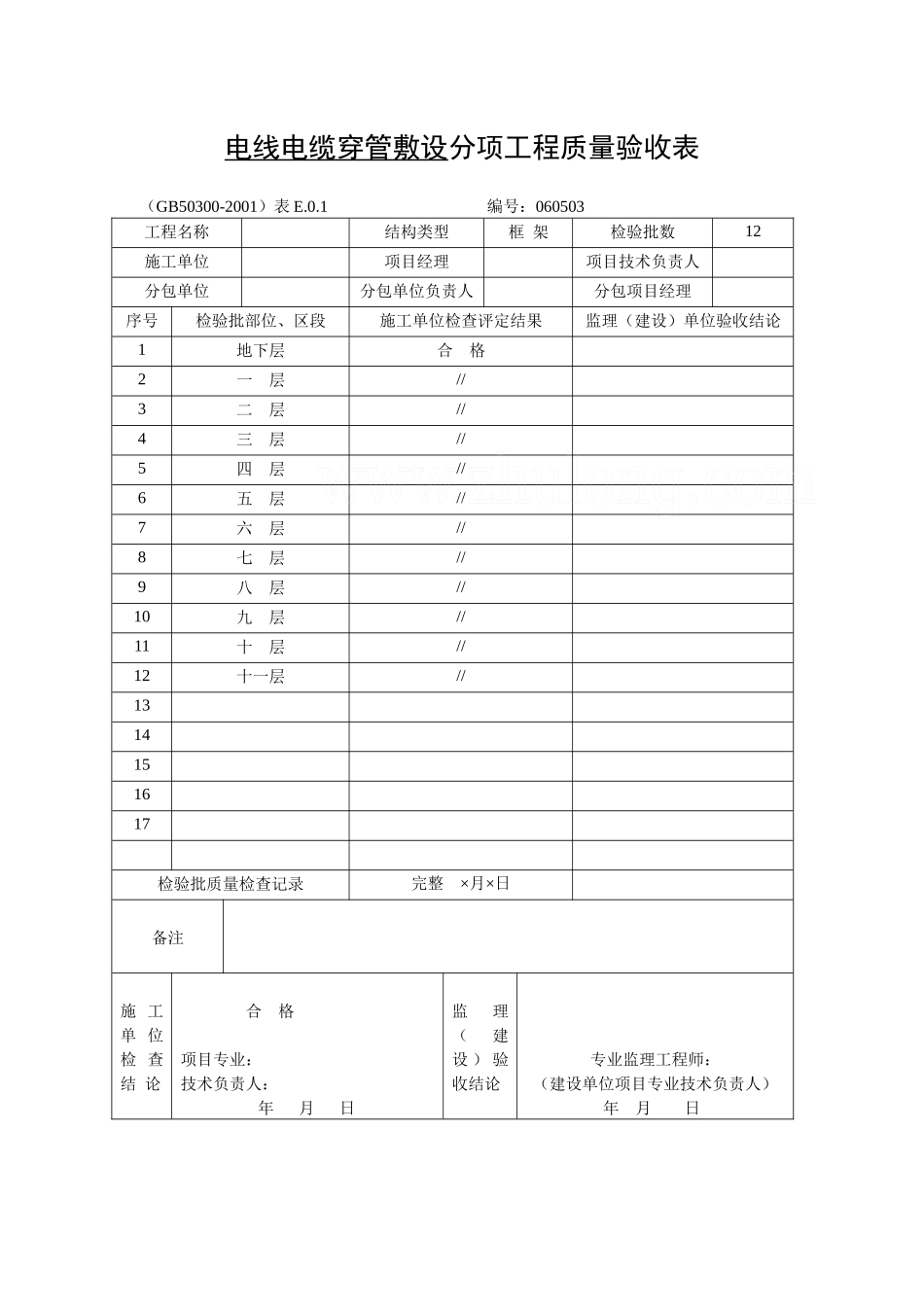 电线电缆穿管敷设分项工程质量验收表.docx_第1页