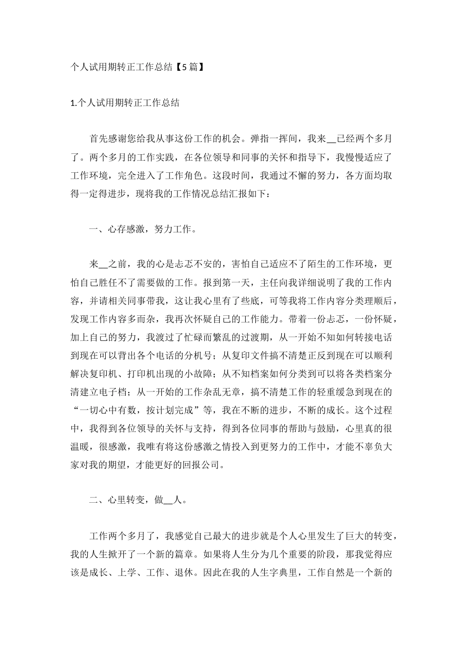 个人试用期转正工作总结【5篇】.docx_第1页