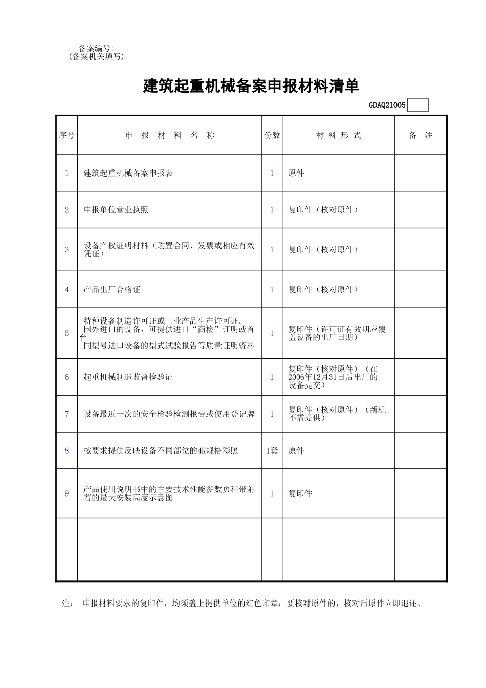 建筑起重机械备案申报材料清单.xls_第1页