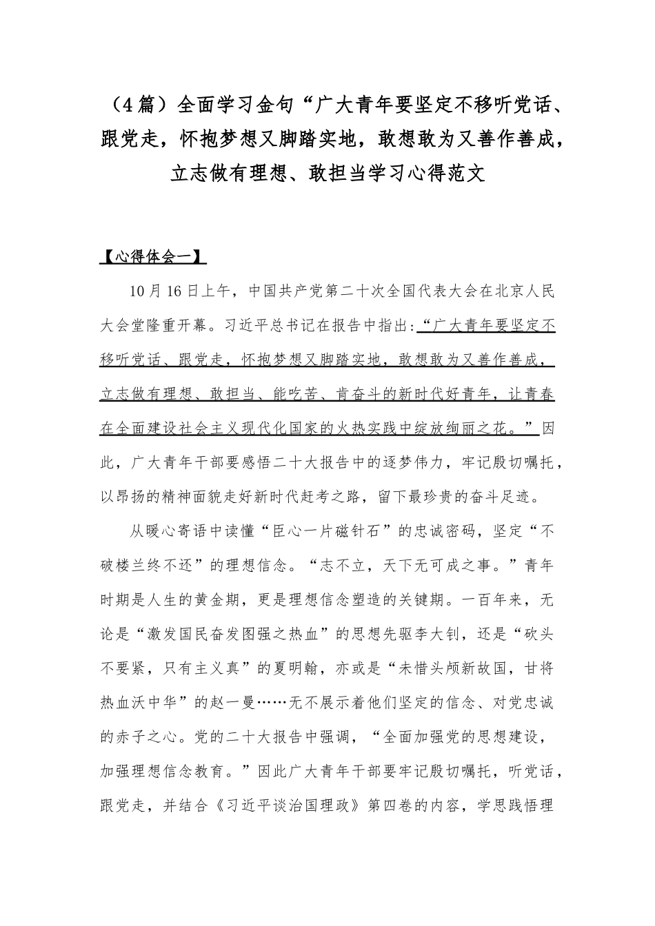 （4篇）全面学习金句“广大青年要坚定不移听党话、跟党走怀抱梦想又脚踏实地敢想敢为又善作善成立志做有理想、敢担当学习心得范文.docx_第1页