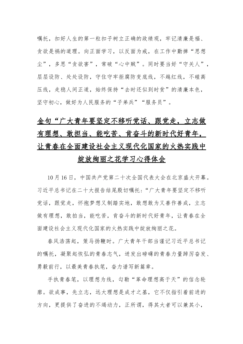 2022年（4篇）贯彻学习金句“广大青年要坚定不移听党话、跟党走敢想敢为又善作善成立志做有理想、敢担当、能吃苦、肯奋斗的新时代好青年心得稿.docx_第3页