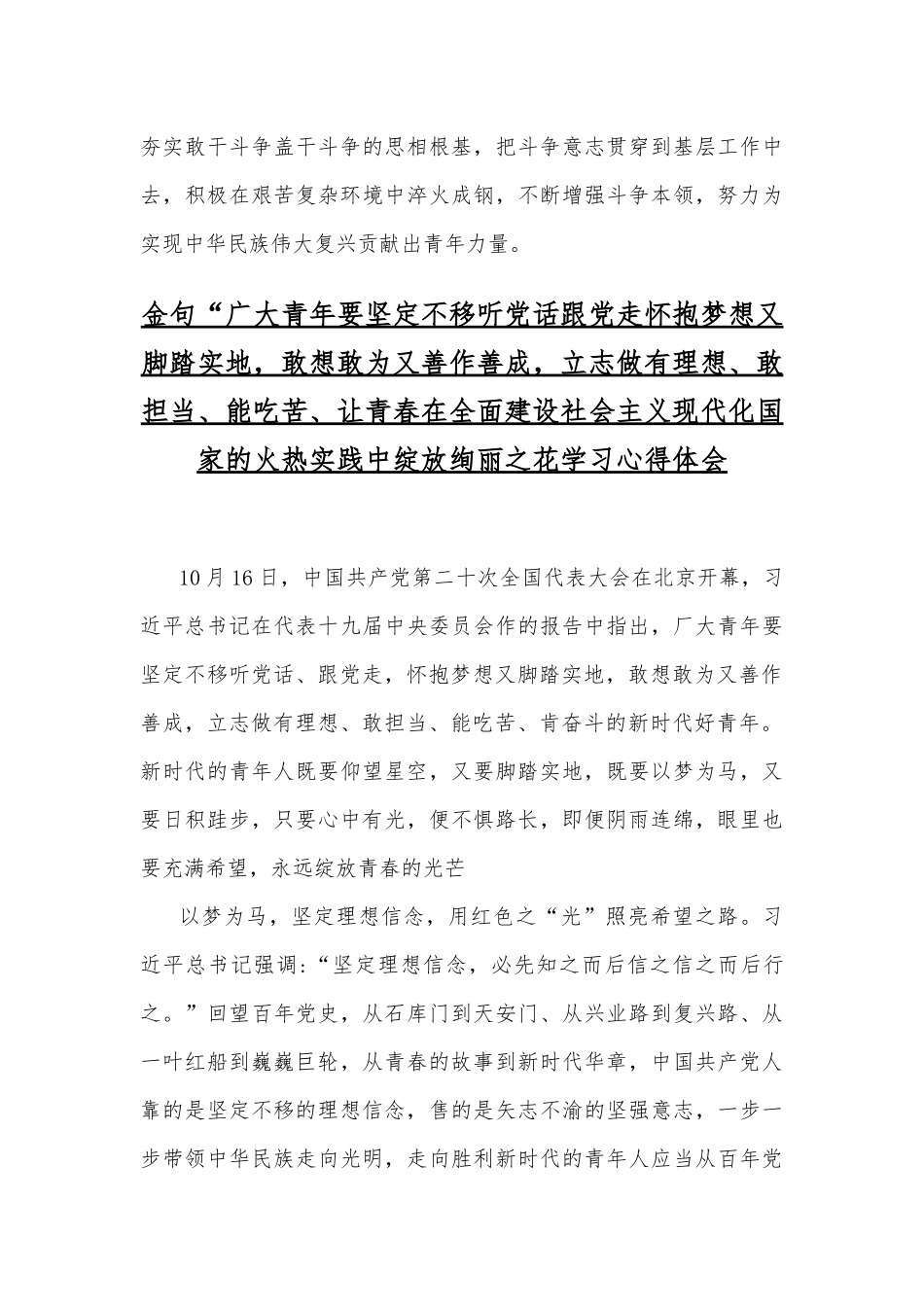 （2篇）金句“广大青年要坚定不移听党话、跟党走怀抱梦想又脚踏实地敢想敢为又善作善成立志做有理想、敢担当学习心得体会范文.docx_第3页