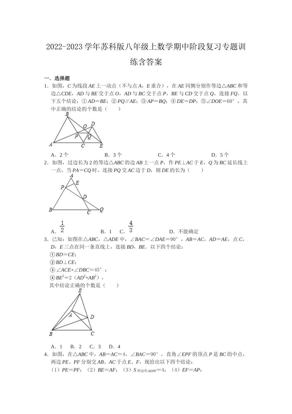 2022-2023学年苏科版八年级上数学期中阶段复习专题训练含答案.docx_第1页