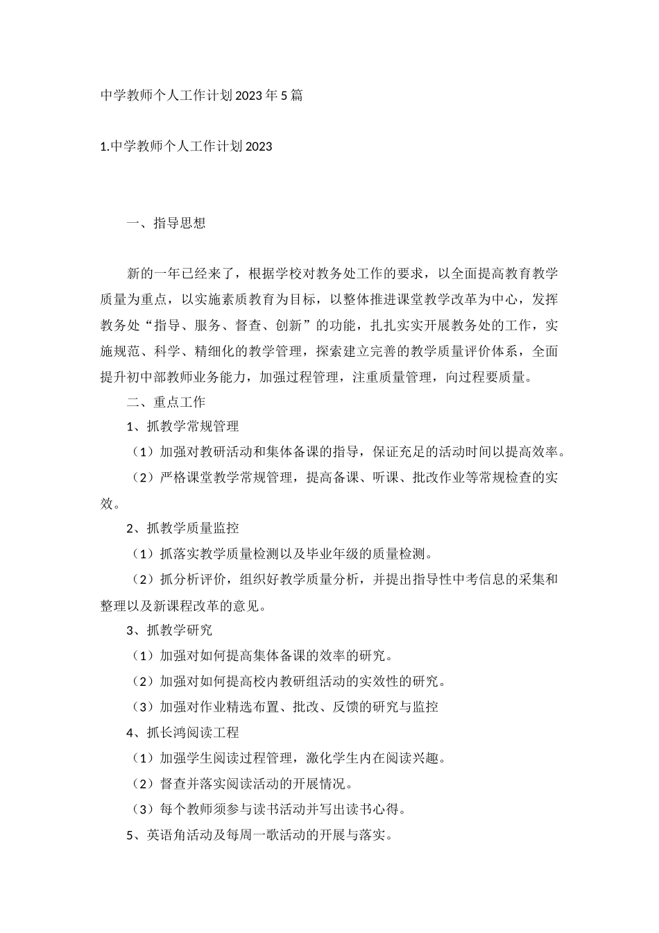 中学教师个人工作计划2023年5篇.docx_第1页