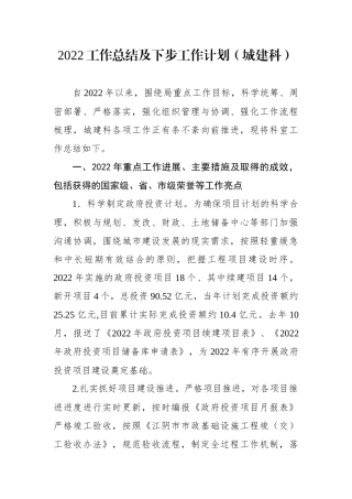 2022工作总结及下步工作计划（城建科）.docx